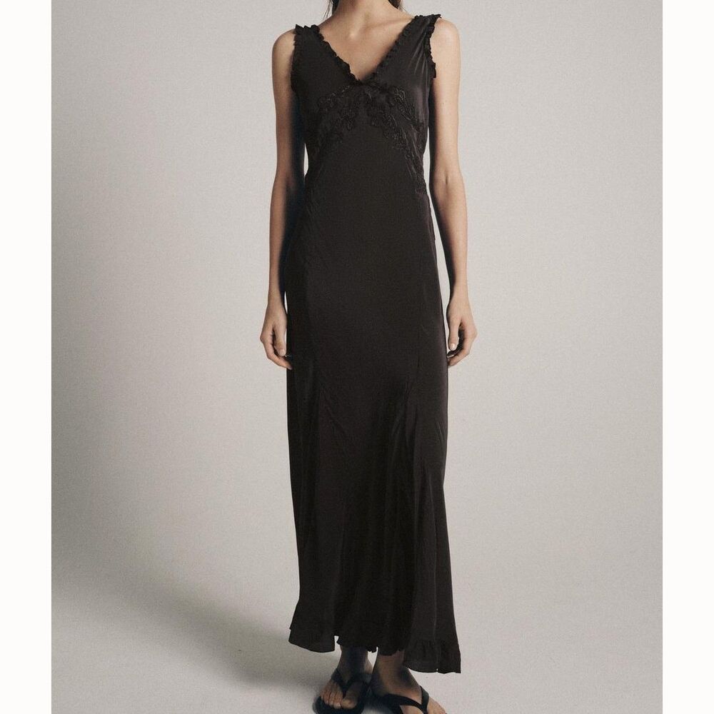 Zara ZW Collection Floral Embroidered Long Dress Ruffle Sleeveless XL 291467